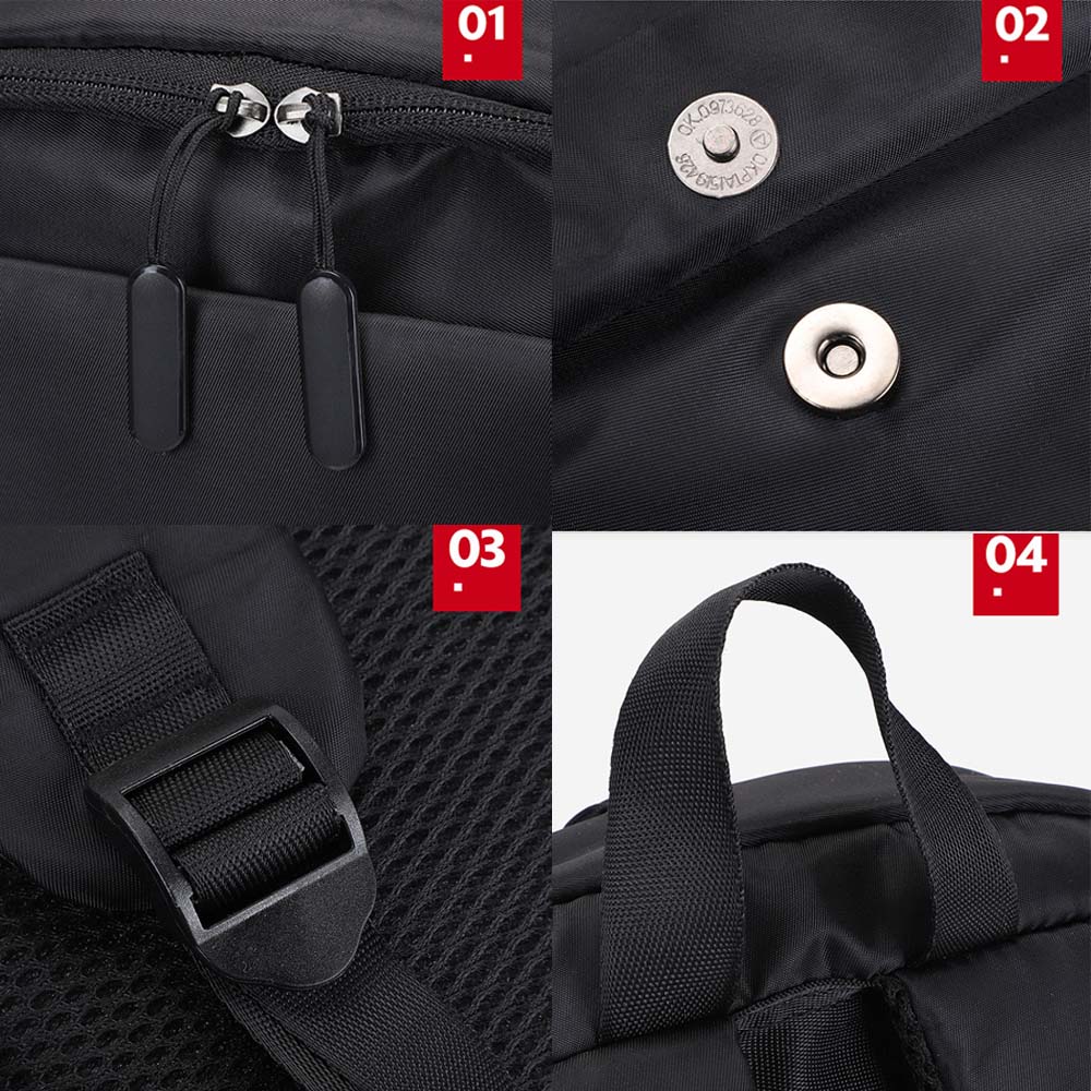 fekete vízálló nylon laptop hátizsák részletkollázson cipzárral patenttel vállpánttal és fogantyúval