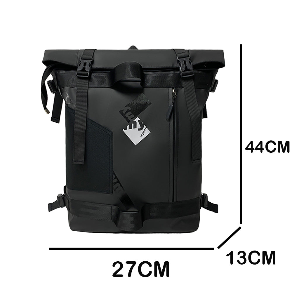 fekete roll-top laptop hátizsák méretábrán, 44 x 27 x 13 cm jelöléssel