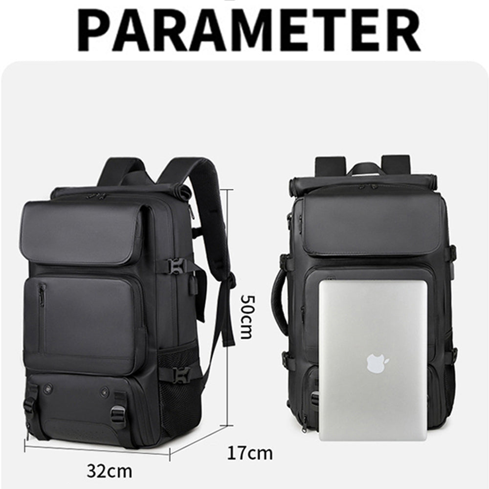 fekete férfi utazó hátizsák méretábrán, 50 x 32 x 17 cm és laptop jelöléssel