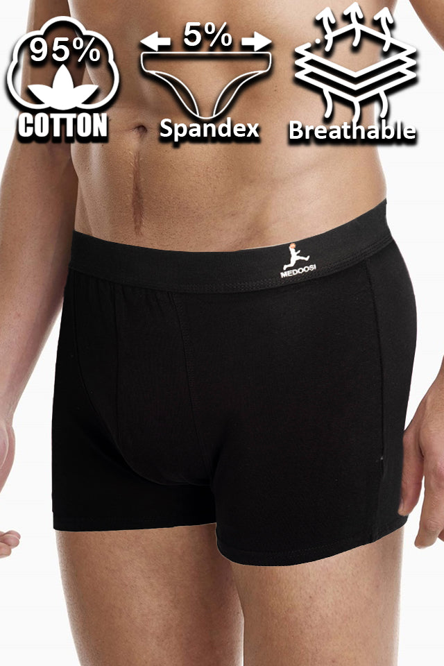 férfi pamut boxeralsó, fekete, 95% pamut és 5% spandex anyagikonokkal