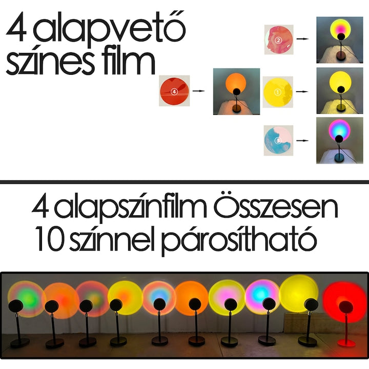 12 naplemente LED projektor lámpa, színes fóliák és fényvariációk ábráján