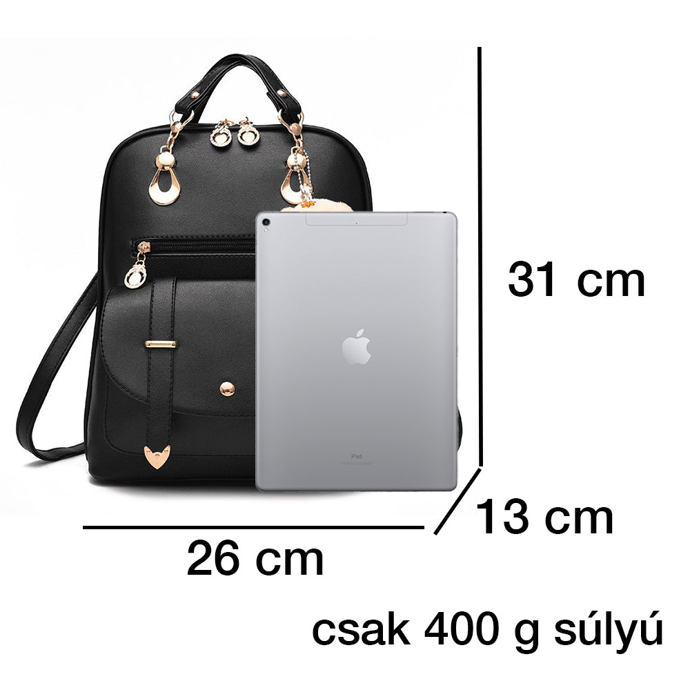 fekete kompakt női hátizsák méretábrán 26 x 13 x 31 cm és 400 gramm jelöléssel