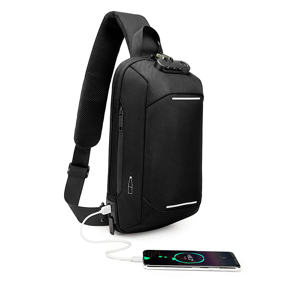 férfi vízálló sling táska, fekete, USB kábellel és telefonnal