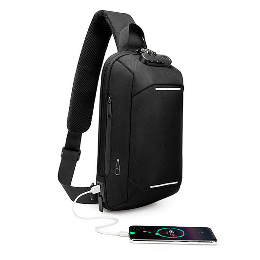 férfi vízálló sling táska, fekete, USB kábellel és telefonnal