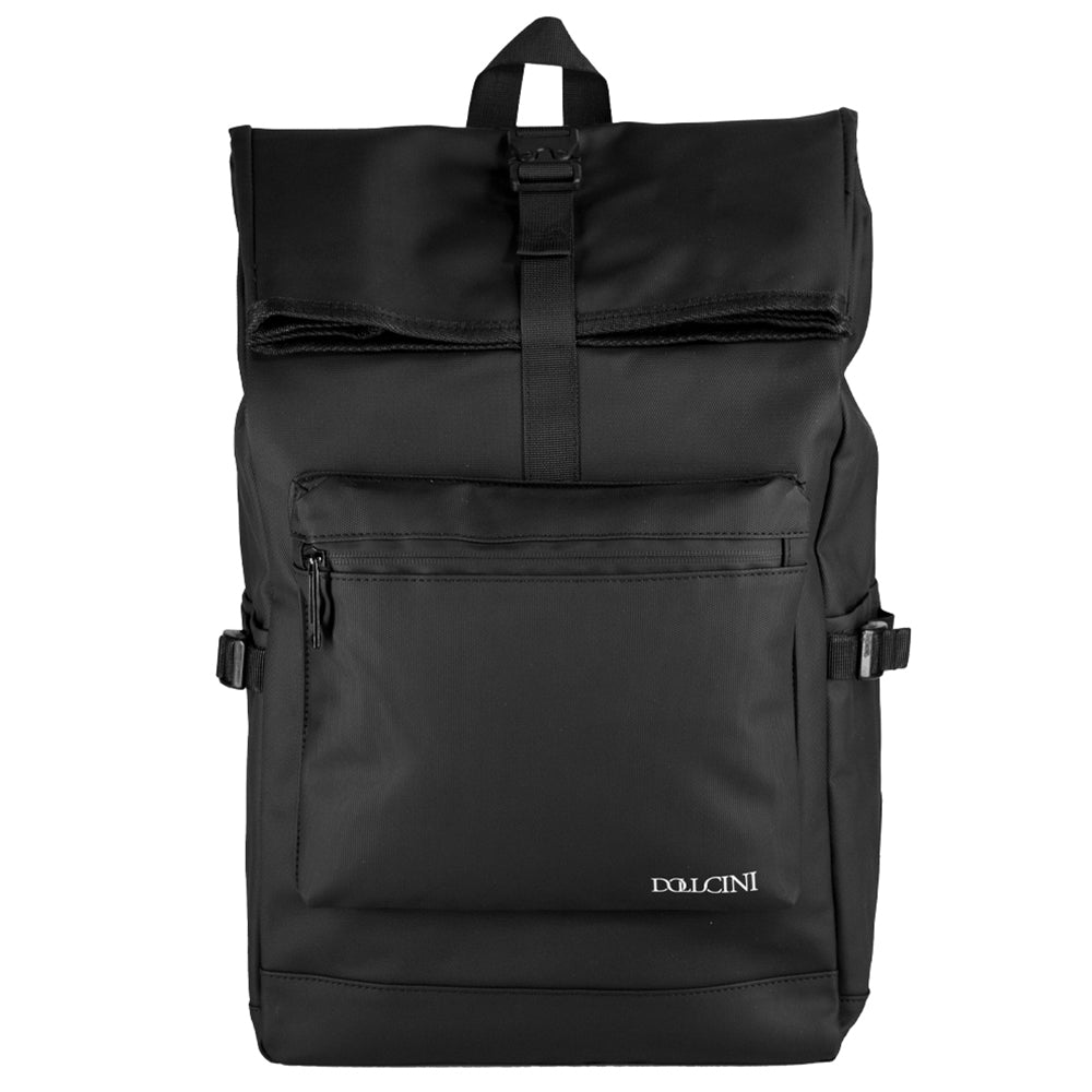 fekete oxford laptop hátizsák elölnézetben feltekerhető fedéllel és első cipzáras zsebbel