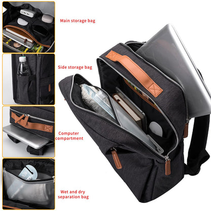 fekete unisex laptop hátizsák nyitott tárolórekeszekkel és nedves-száraz zsebbel