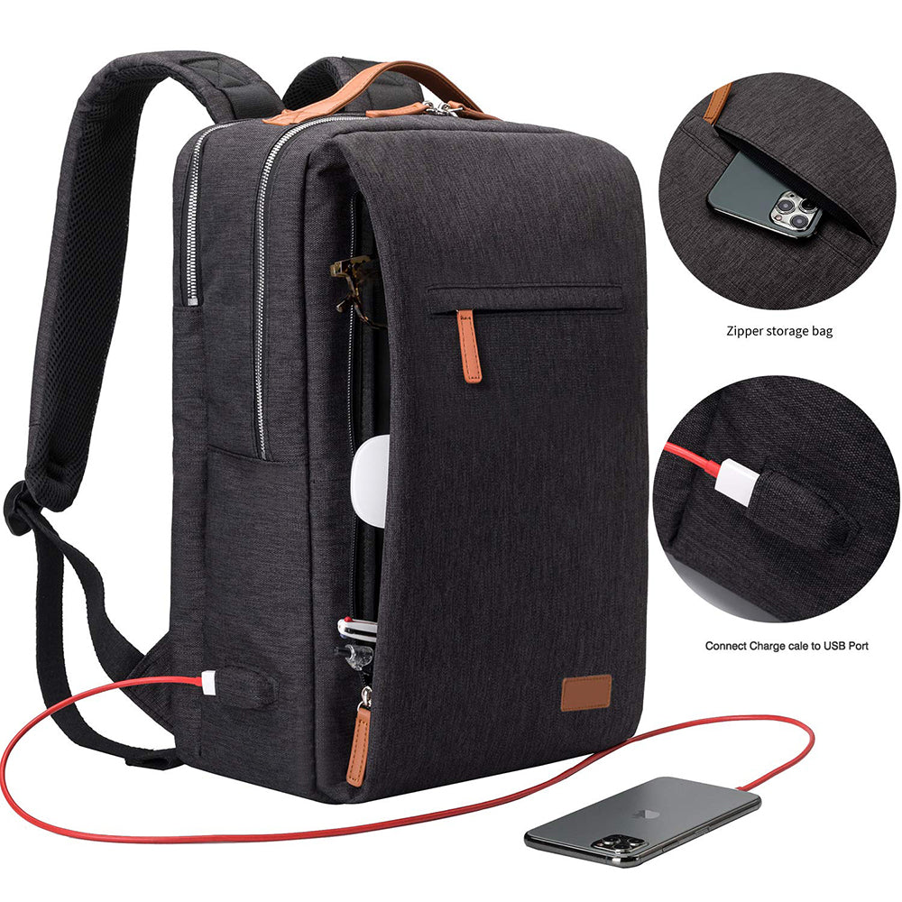 fekete unisex laptop hátizsák USB töltőport részlettel és oldalsó zsebbel