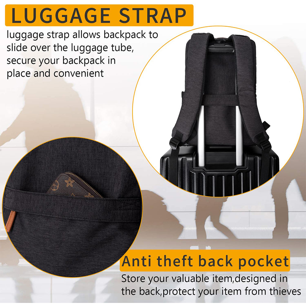 fekete unisex laptop hátizsák bőröndpánttal és hátoldali lopásgátló zsebbel