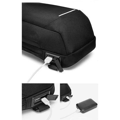 férfi vízálló sling táska, fekete, USB töltőcsatlakozó részletével