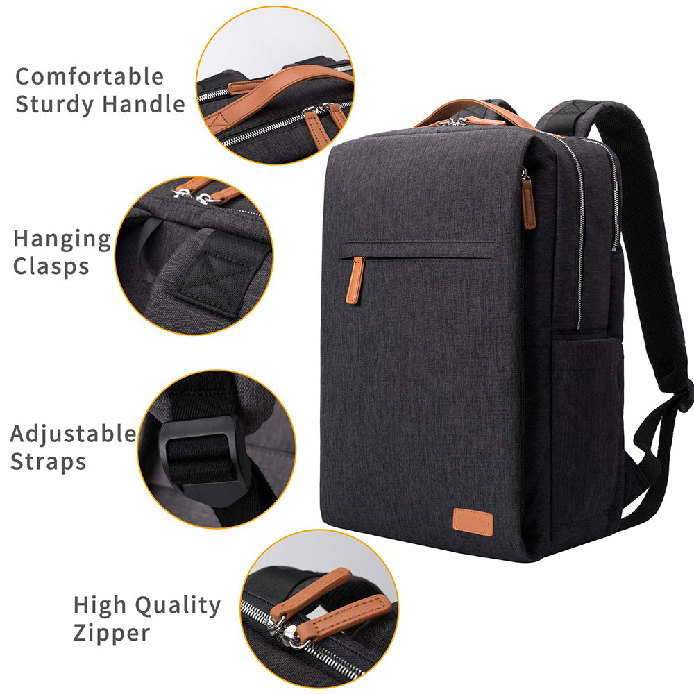 fekete unisex laptop hátizsák részletinfografikán, állítható pánttal és erős cipzárral