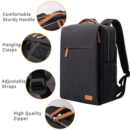 fekete unisex laptop hátizsák részletinfografikán, állítható pánttal és erős cipzárral
