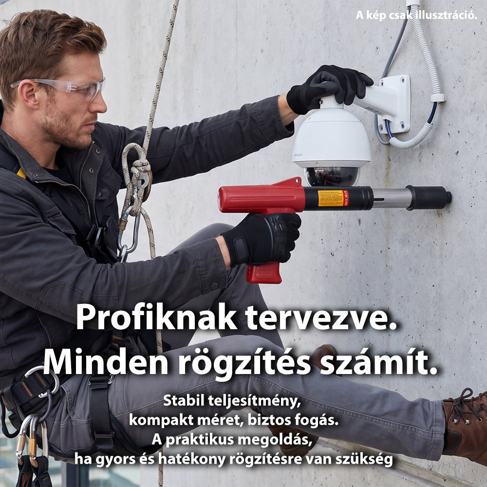 kézi szögbelövő pisztoly, piros, kültéri rögzítési munkánál használva