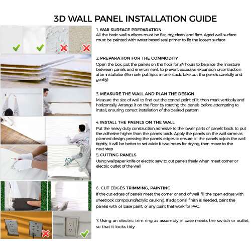 3D PVC falpanel, telepítési útmutatóval és előkészítési lépésekkel