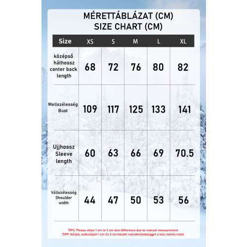 fűthető férfi dzseki, XS-XL mérettáblázattal