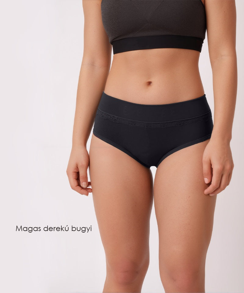 fekete magas derekú női pamut bugyi, 6 részes szettből, modellen