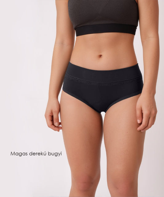 fekete magas derekú női pamut bugyi, 6 részes szettből, modellen