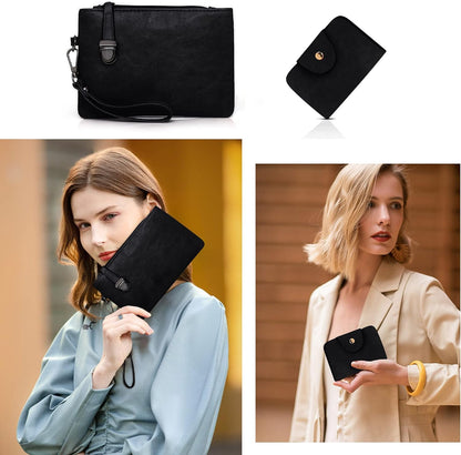 fekete négyrészes női táskaszett clutch és kártyatartó használati kollázson
