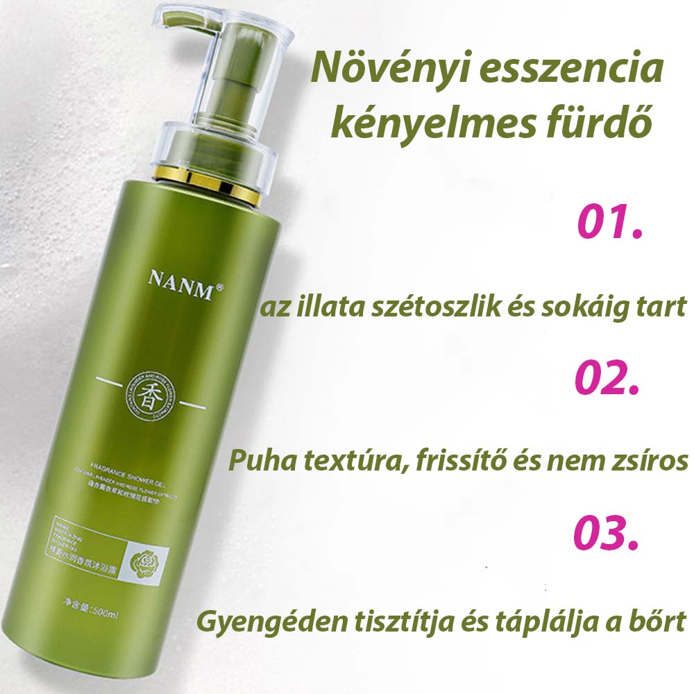 Nanmeishun ginzeng tusfürdő előnyöket bemutató infografikán, zöld pumpás flakonnal