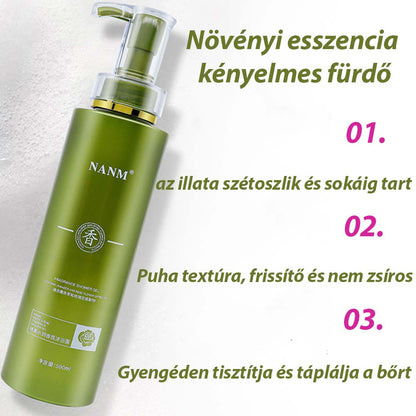 Nanmeishun ginzeng tusfürdő előnyöket bemutató infografikán, zöld pumpás flakonnal