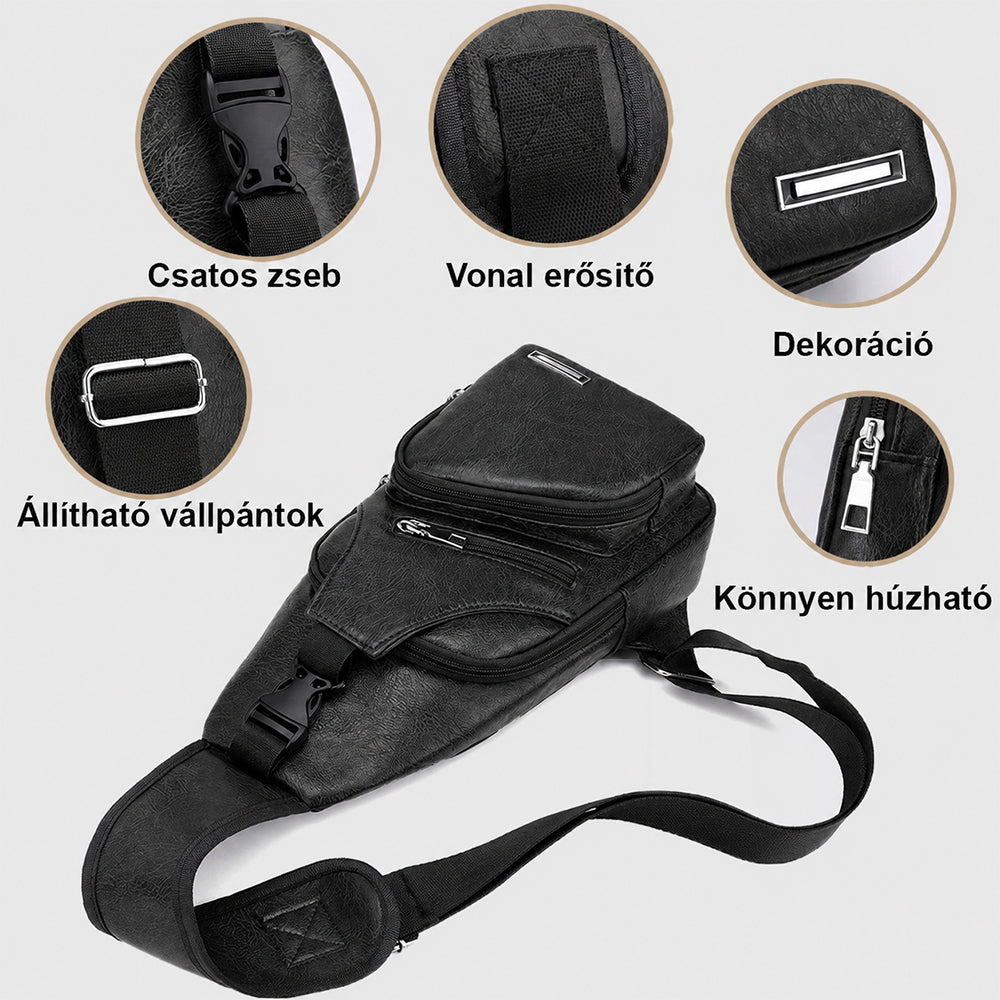 unisex műbőr válltáska, fekete, állítható pánttal és részletikonokkal