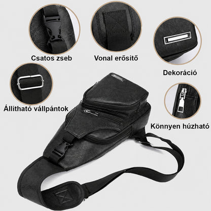unisex műbőr válltáska, fekete, állítható pánttal és részletikonokkal