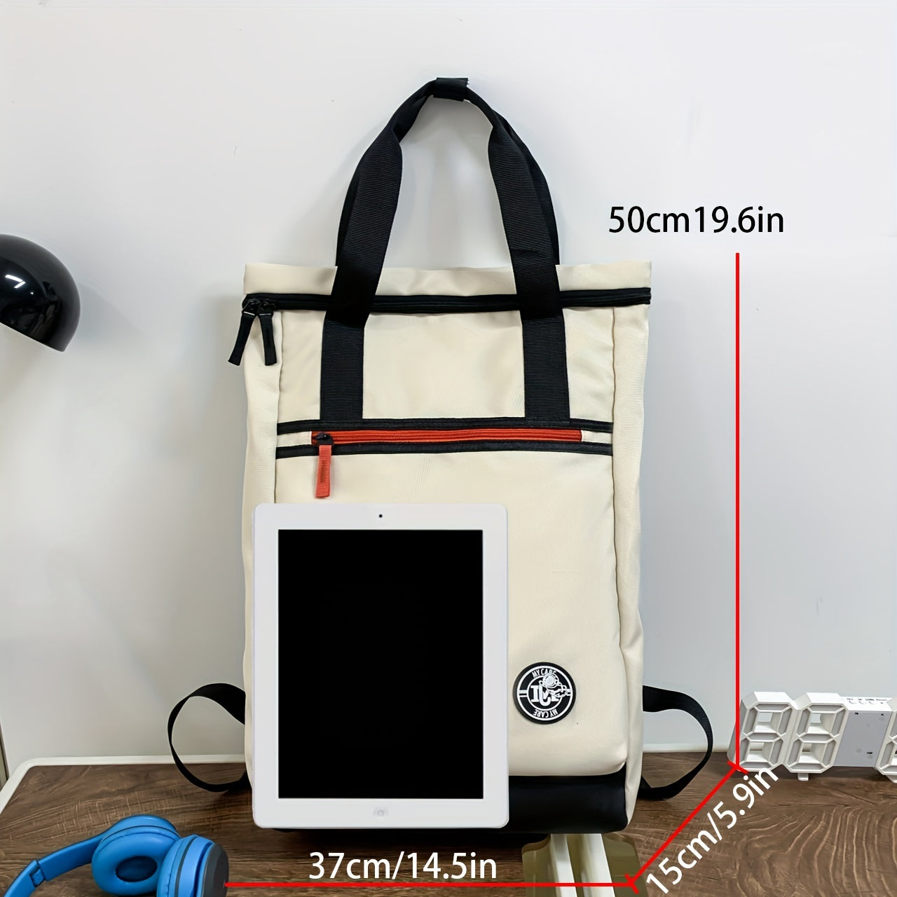 krémszínű uniszex laptop hátizsák méret- és kapacitásképen tablettel 50 x 37 x 15 cm jelöléssel
