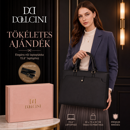 Dollcini Női Laptoptáska 15,6” – Elegáns Fekete Munkatáska, Továbbfejlesztett- lopásgátló zsebbel + kulcstartóval