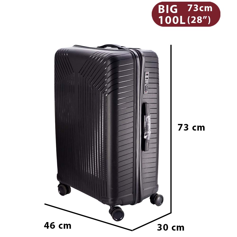 PP keményfedeles bőrönd, fekete, 100 literes, 73 x 46 x 30 cm méretábrával
