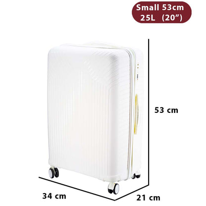 PP keményfedeles bőrönd, fehér, 25 literes, 53 x 34 x 21 cm méretábrával