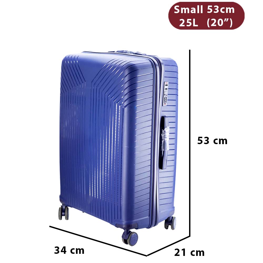 PP keményfedeles bőrönd, kék, 25 literes, 53 x 34 x 21 cm méretábrával