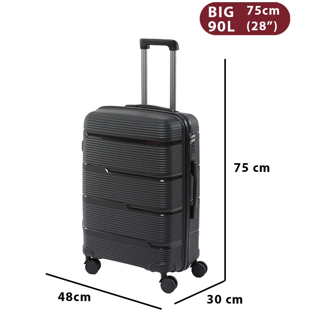 könnyű PP bőrönd, fekete, 90 literes, 75 x 48 x 30 cm méretábrával