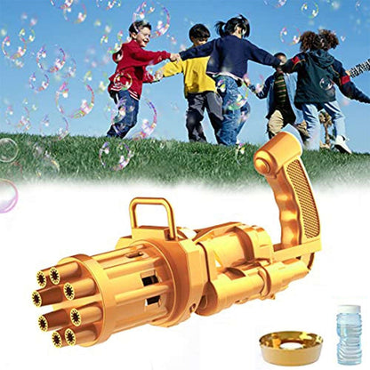 Dollcini mini Gatling buborékfújó, aranyszínű, 8 lyukú játék kültéri jelenettel