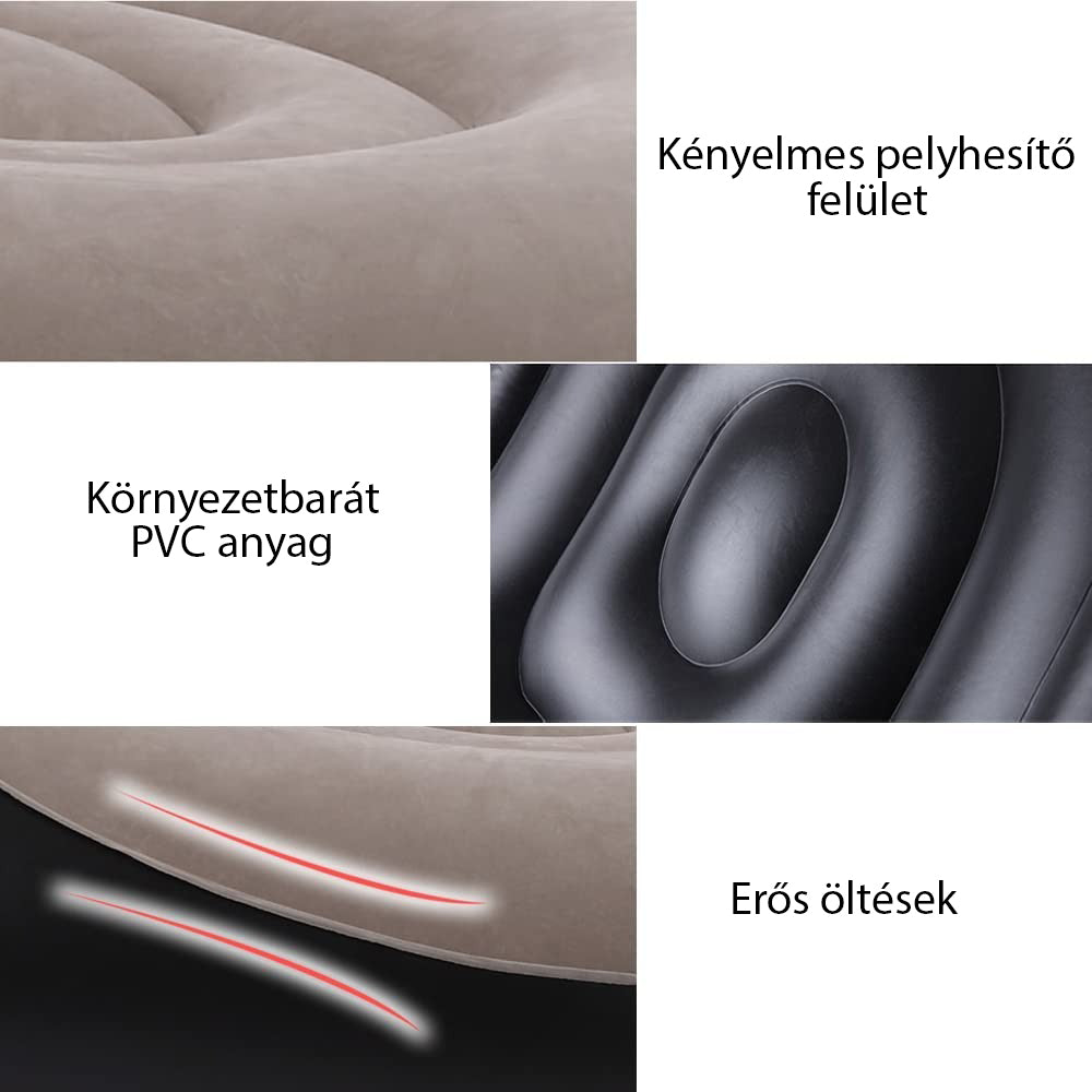 felfújható kanapé, pehelyszerű felület, PVC anyag és erős öltések részleteivel