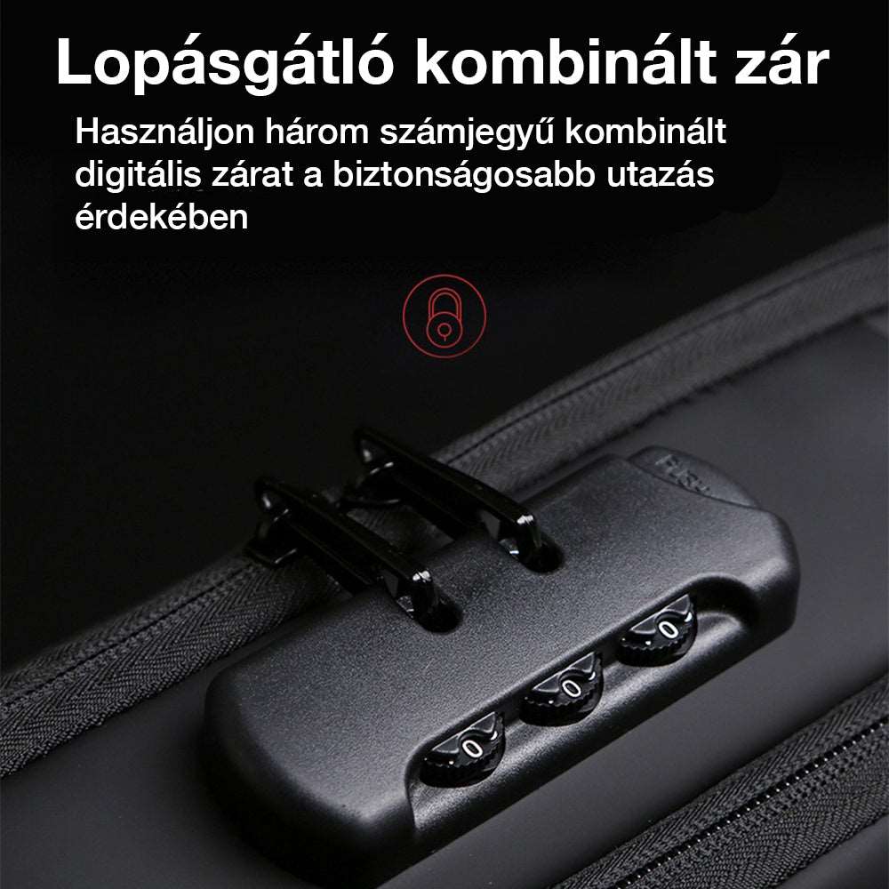 férfi melltáska, fekete, kompakt, poliészter anyagból, USB csatlakozóval, közeli részletnézetben