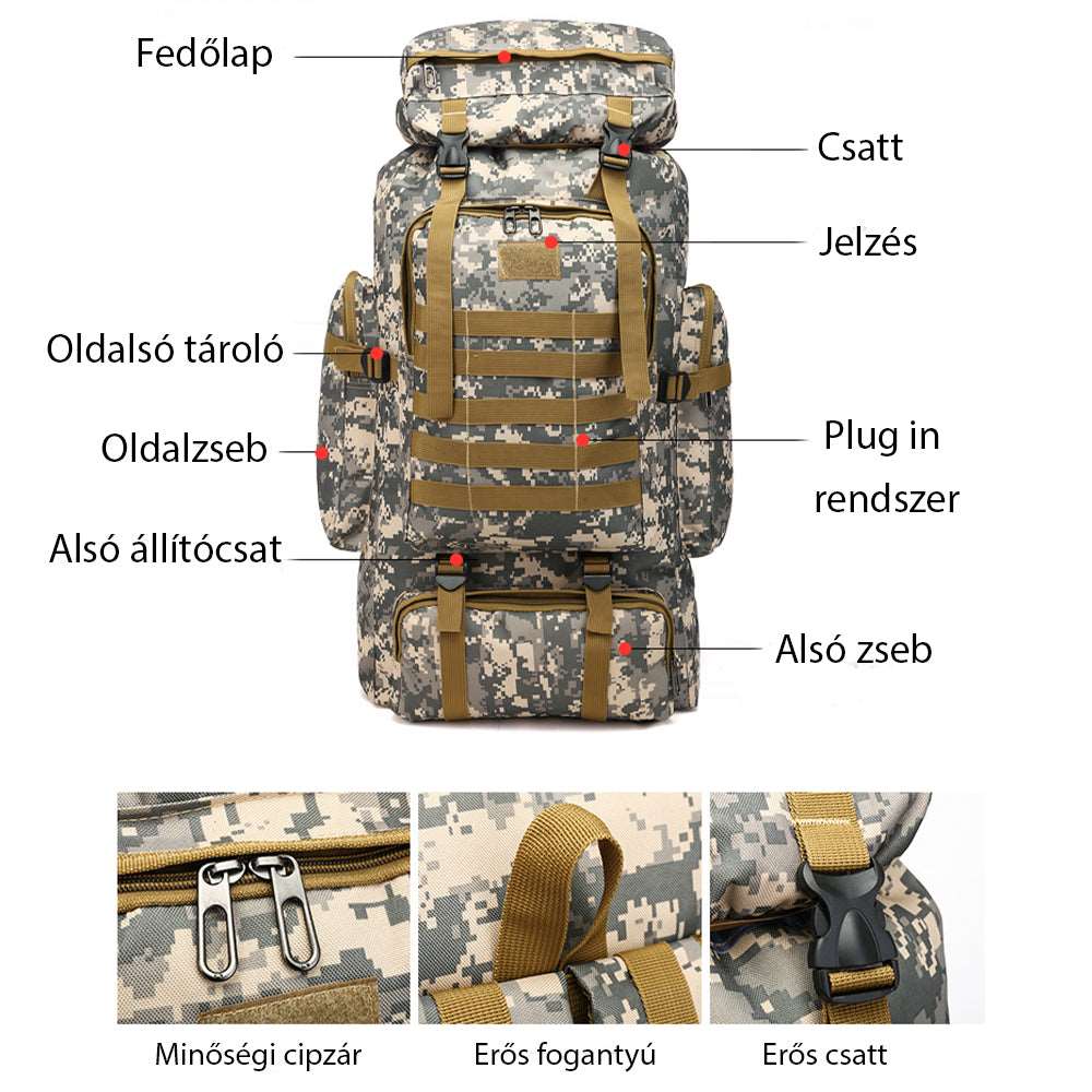 túrahátizsák, terepmintás, nagyméretű, nylon anyagból, cipzáras részlettel, vállpánttal, 424943_5 modell