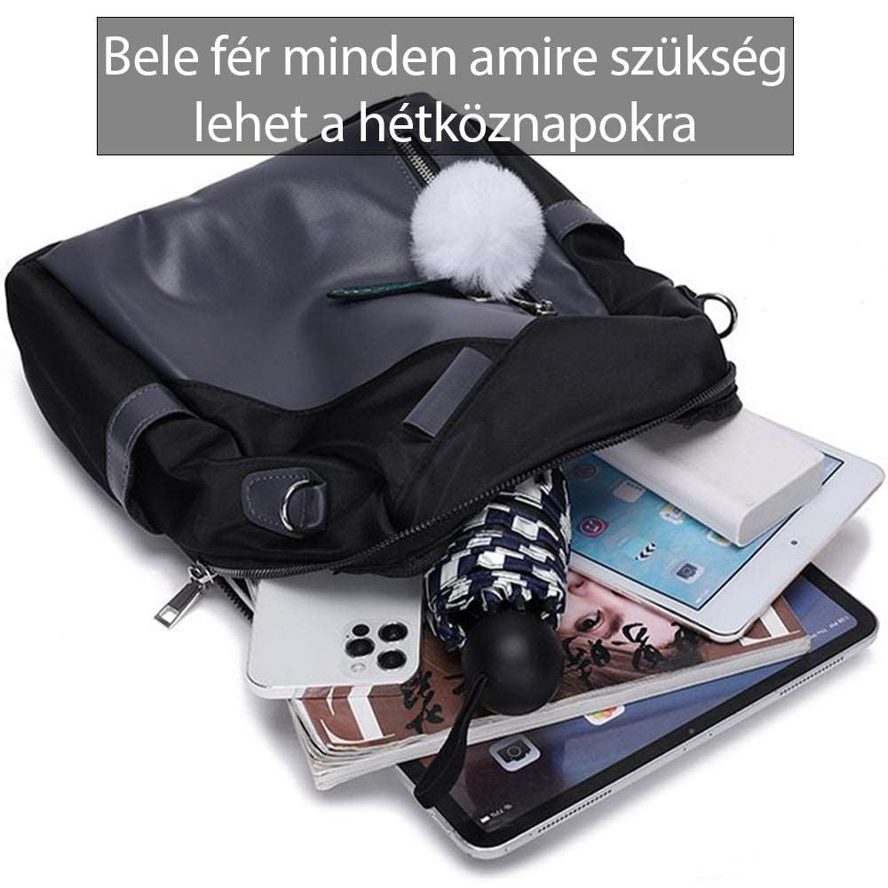 fekete női hátizsák, nyitott főrekesszel és mindennapi tárgyakkal