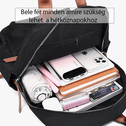 fekete női nylon hátizsák nyitott főrekesszel könyvekhez telefonhoz és napi tárgyakhoz