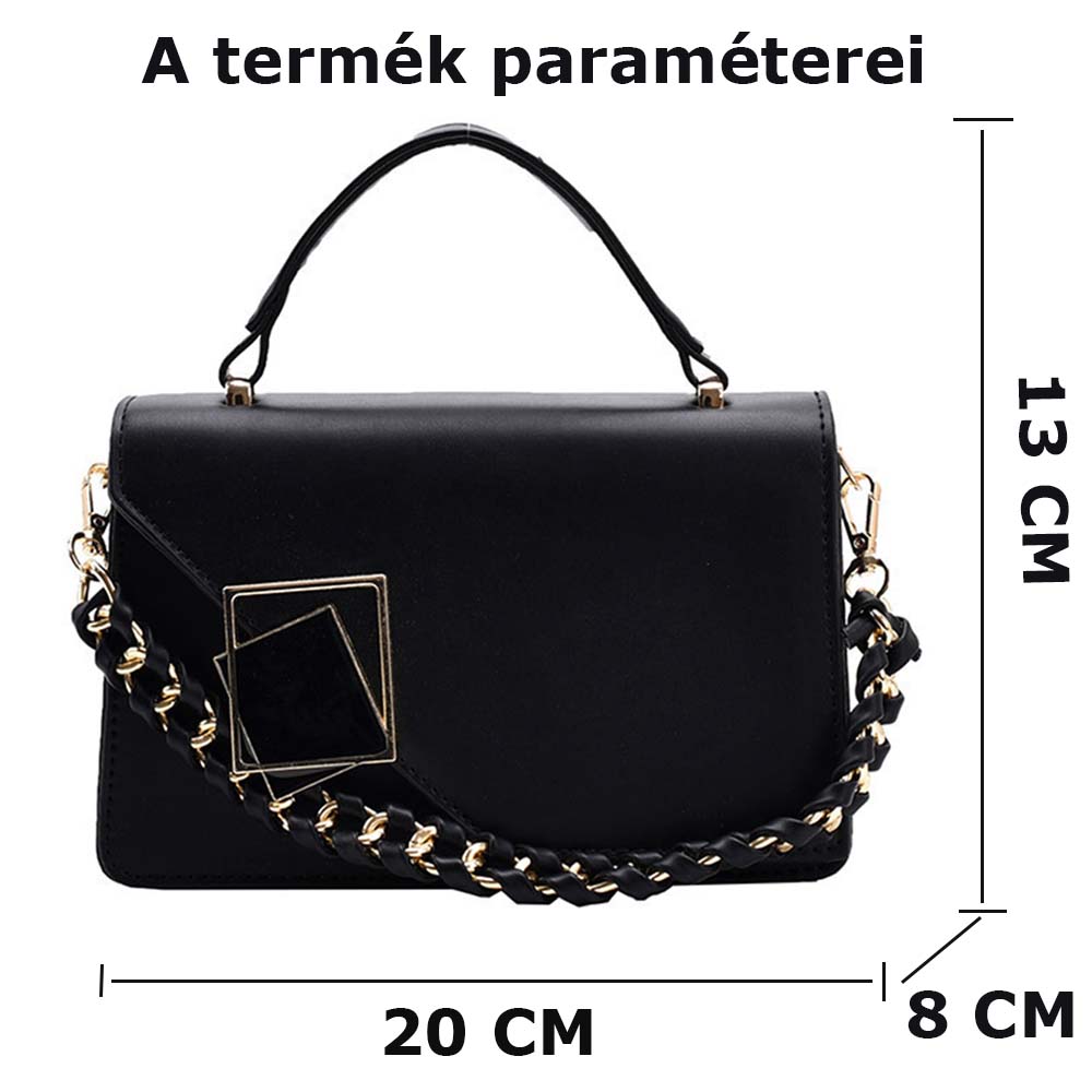 fekete női kézitáska, 20 x 8 x 13 cm méretábrával