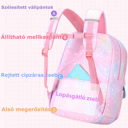rózsaszín pasztell lány iskolatáska hátoldali részletekkel, mellpánttal és rejtett zsebbel