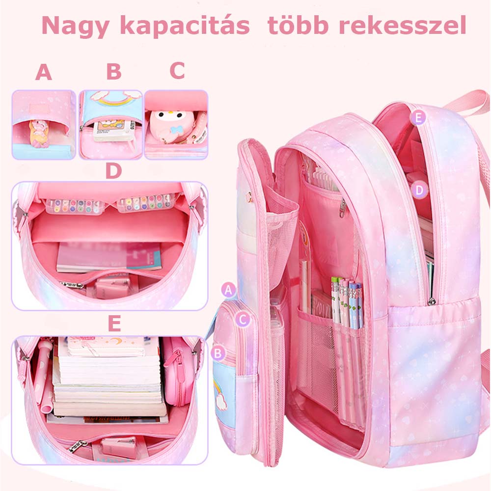 rózsaszín pasztell lány iskolatáska, nagy kapacitású több rekeszes belsővel