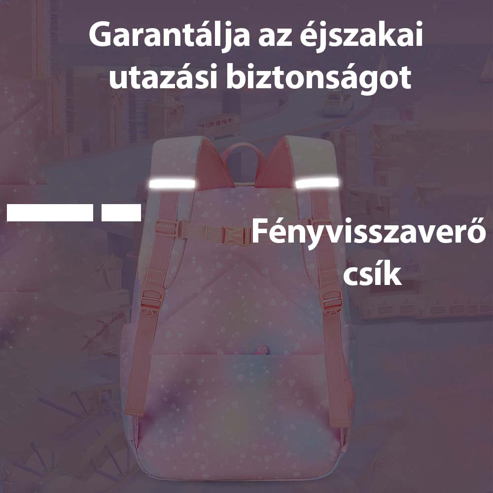 rózsaszín pasztell lány iskolatáska hátulnézetben, fényvisszaverő pántok éjszakai képen