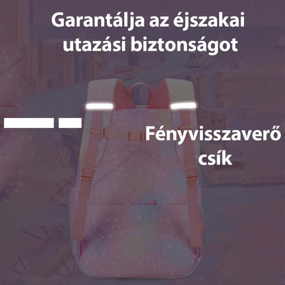 rózsaszín pasztell lány iskolatáska hátulnézetben, fényvisszaverő pántok éjszakai képen
