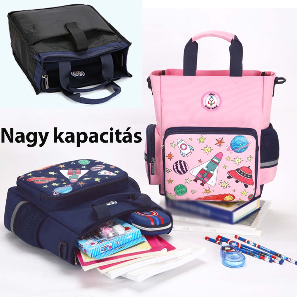 iskolatáska hátizsák, rózsa formával, nylon anyagból, fényvisszaverő részlettel, oldalnézetben