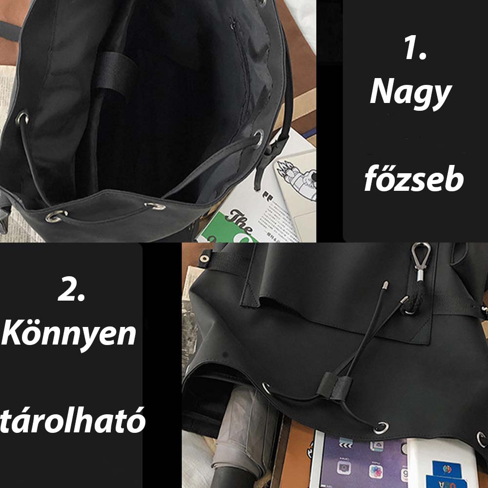 fekete hátizsák, nagy főzsebet és könnyű tárolást bemutató infografikán