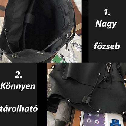 fekete hátizsák, nagy főzsebet és könnyű tárolást bemutató infografikán
