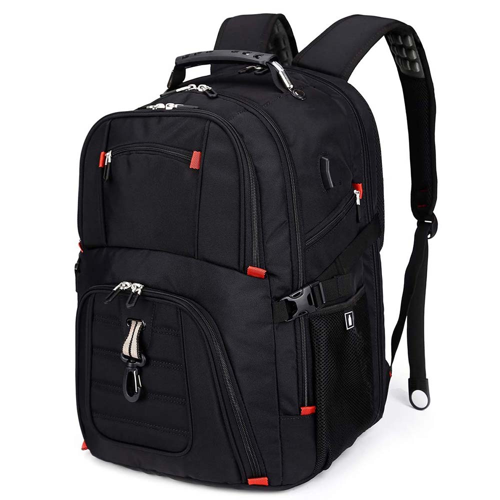 fekete unisex laptop hátizsák terméknézetben, piros cipzárfülekkel