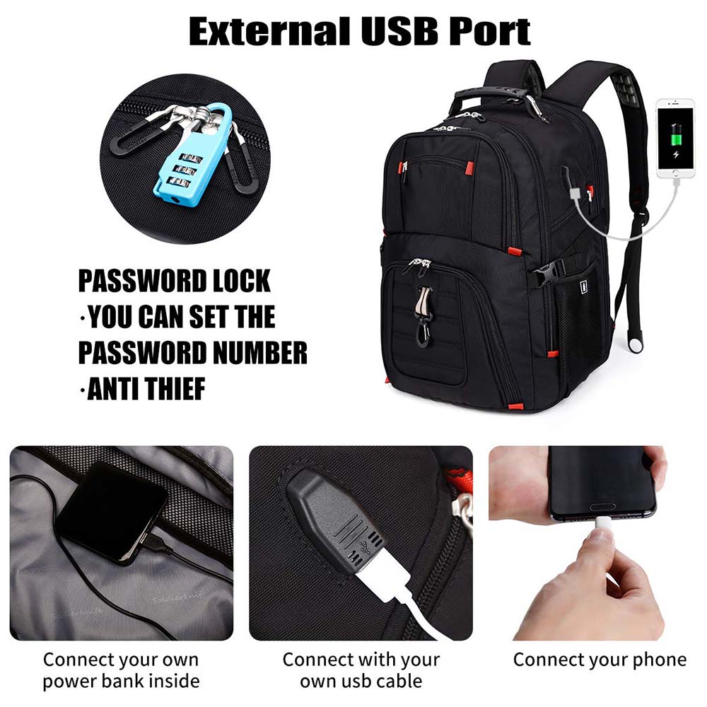 fekete unisex laptop hátizsák külső USB port és számzár bemutató infografikán