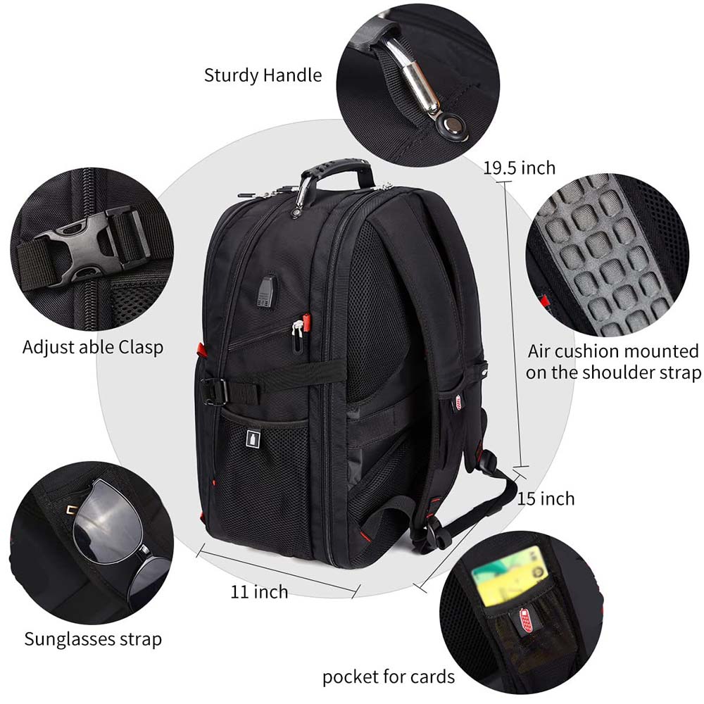 fekete unisex laptop hátizsák funkciós infografikán, párnázott pánttal és kártyazsebbel