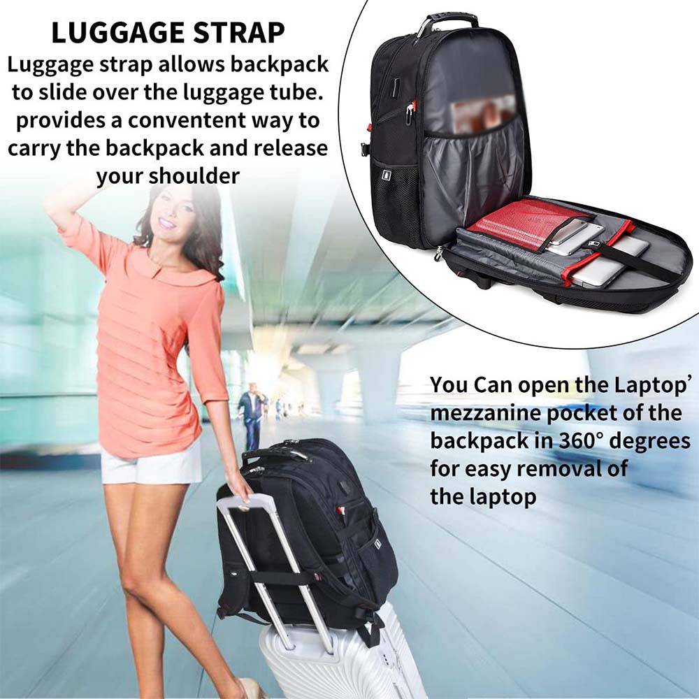 fekete unisex laptop hátizsák bőröndpánttal és 360 fokban nyíló laptoprekesszel