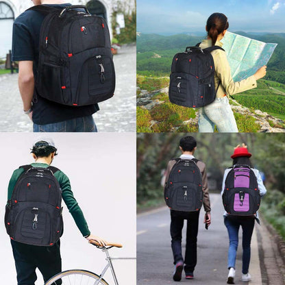 fekete unisex laptop hátizsák használati kollázson, túrázáshoz és városi viselethez